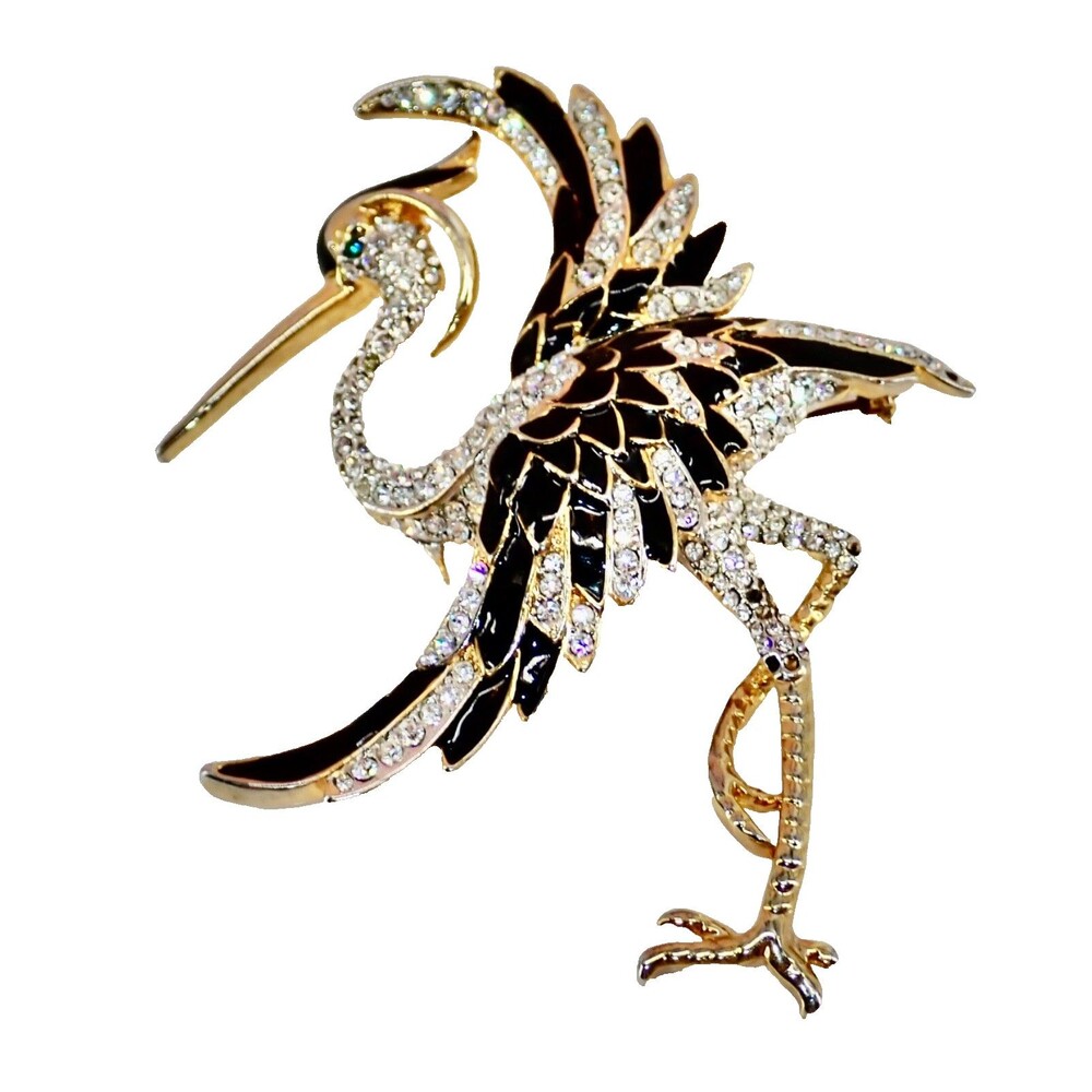 Heron Bird Gold Tone Rhinestones Black Enamel Statement Brooch Unsigned D'ORLAN?